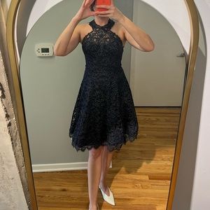 Beautiful navy and gold lace Marchese Notte halter dress